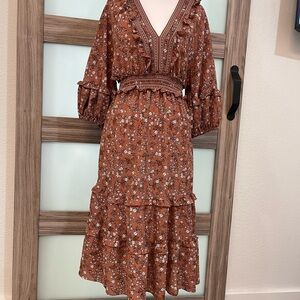 Max Studio Deep Dusty Rose Tiered Ruffled V-Neck Dress